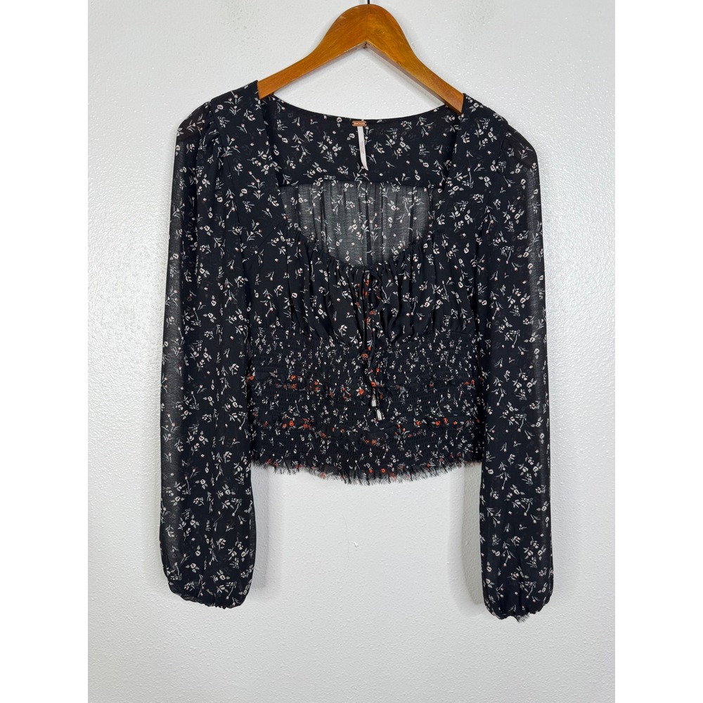 Free People Black Floral Smocked Long Sleeve Crop Top Blouse XS